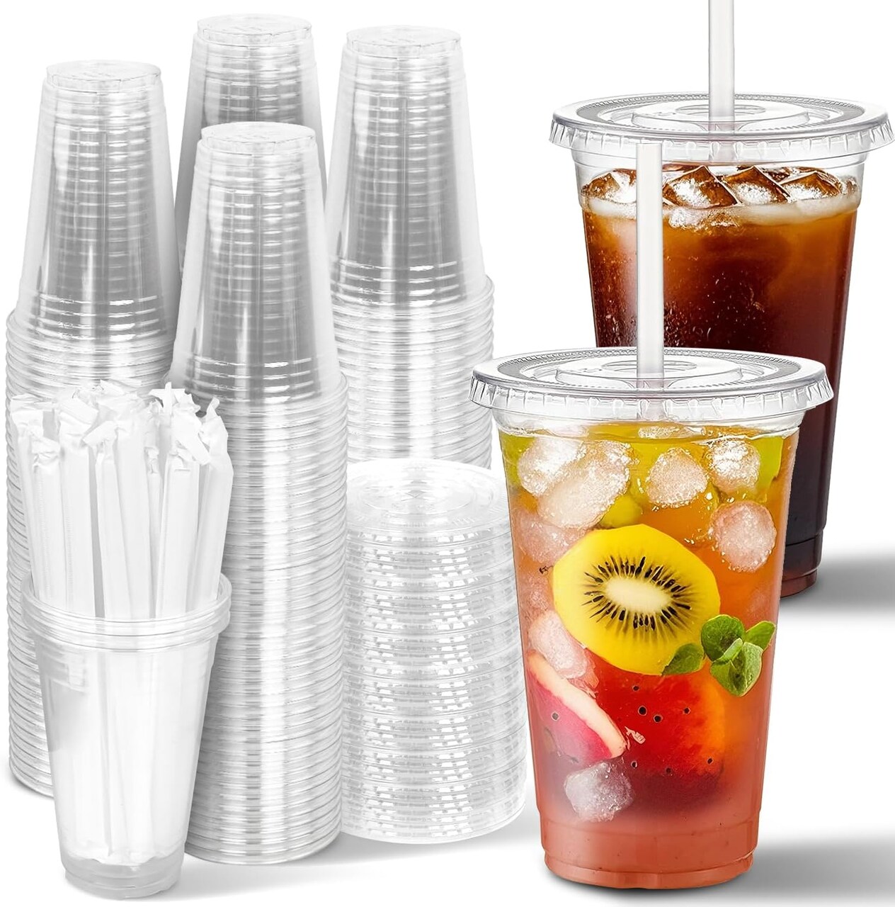 100 Sets- 20 oz Clear Plastic Cups with Lids and Straws, Disposable To Go Cups for Cold Drinks, Iced Coffee, Milkshakes, Smoothies